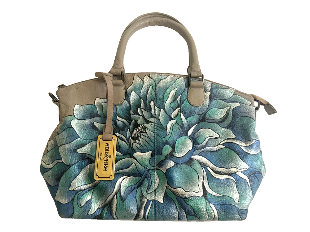 Anuschka Handbag Teal Blue Floral Hand-Painted Leather Satchel Crossbody Strap